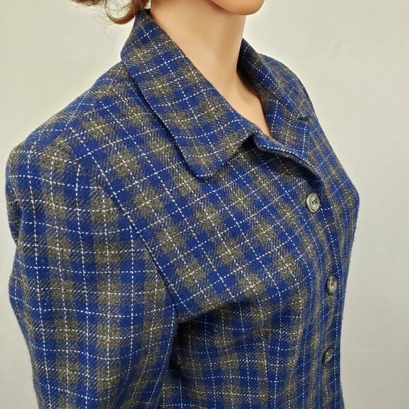 Vintage Joan Leslie Wool Blazer Jacket Blue Gray Plaid Lined Petite 12P / M - Picture 7 of 11